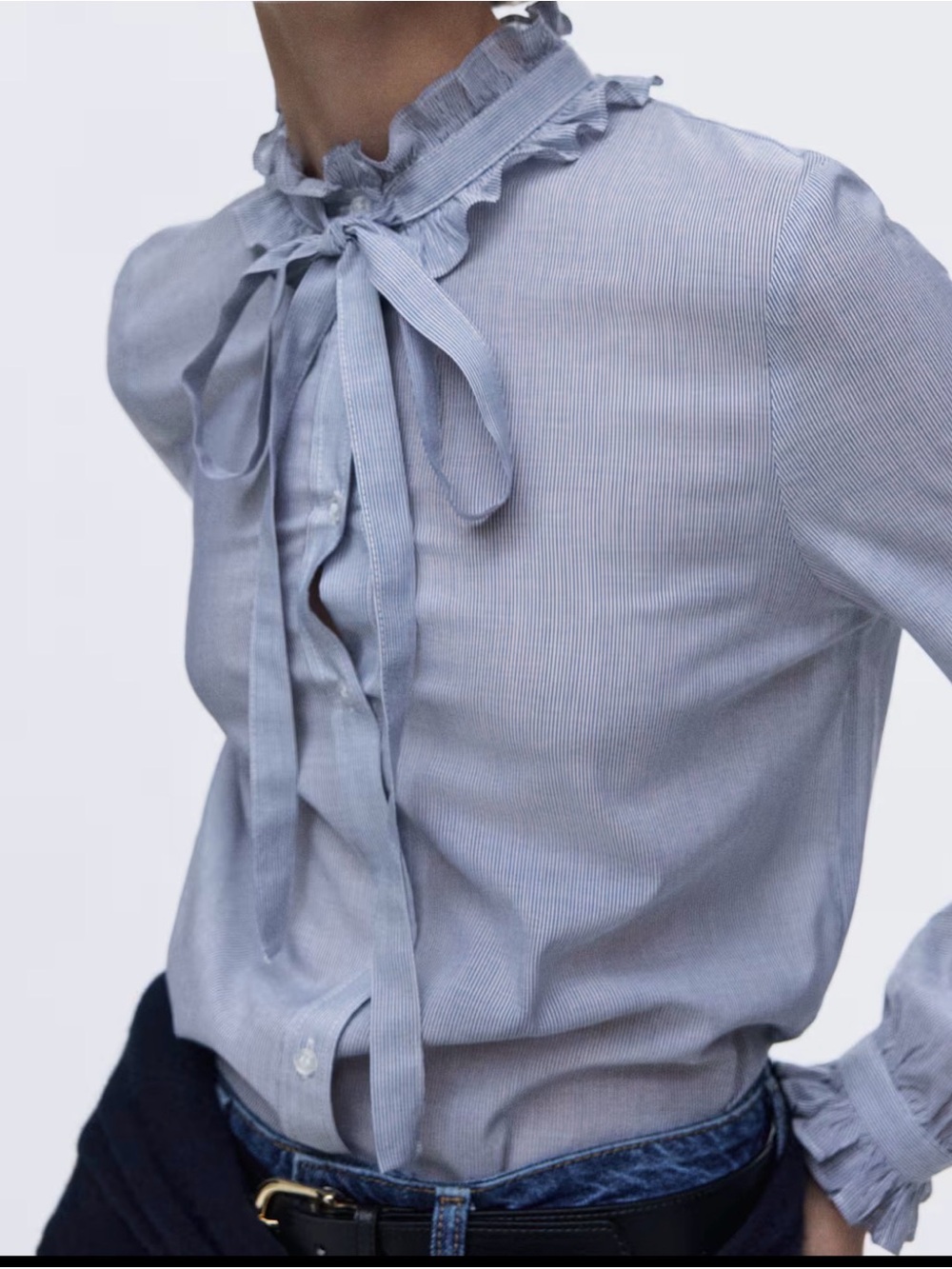 H&M Light Blue Ruffle Tie Neck Blouse Size M